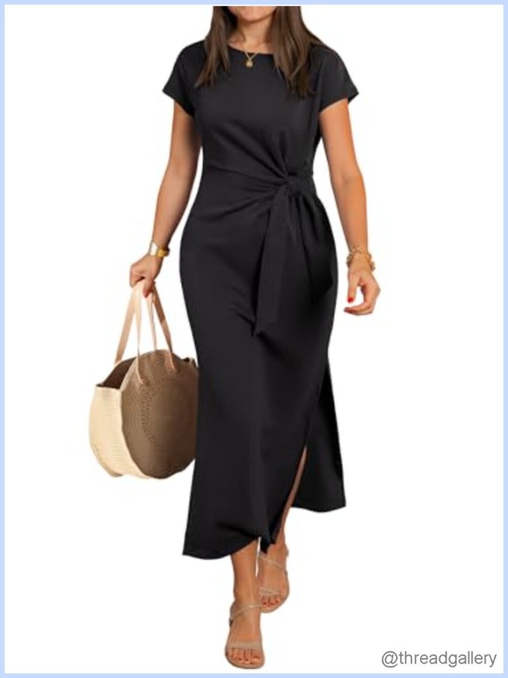 Womens Maxi Dress Wrinkle-Free Slim Fit Tie Waist Short Sleeve